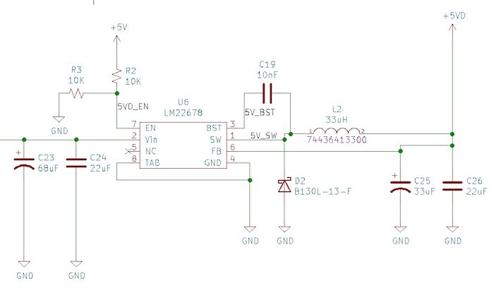 The schematic for a non-synchronous LM22678 buck converter 12 V to 5 V.