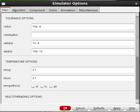 Initial setup of simulator options