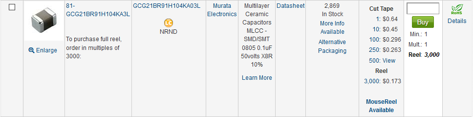 End of Life part on Mouser marked as NRND or Not Recommended for New Designs