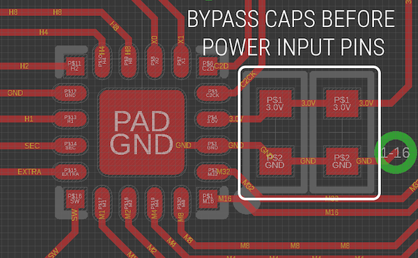 Bypass or Decoupling capacitors should be placed inline from the power source.