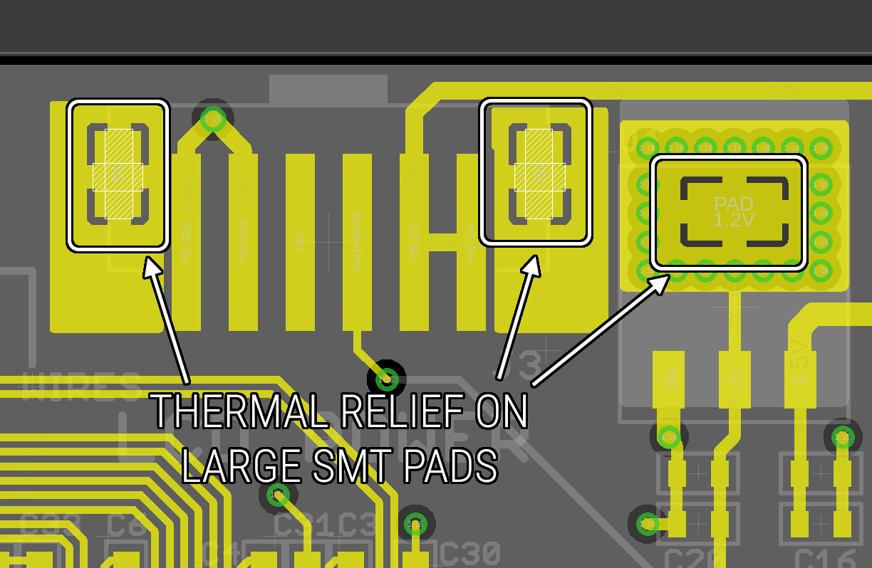 Thermal relief on large SMT pads to promote proper soldering of the connections.