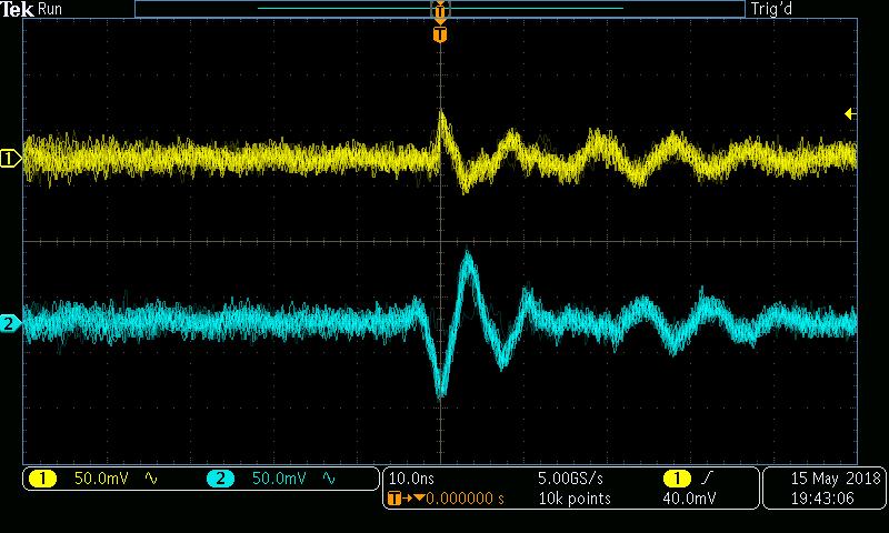 ±5 V, 470 Ω, burst mode, close-up view of noise spike
