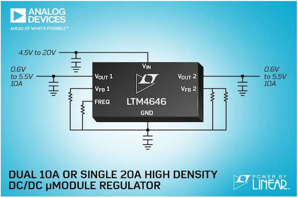 The LTM4646 requires only a few external passive components for operation—the inductors and MOSFETs are included in the module.
