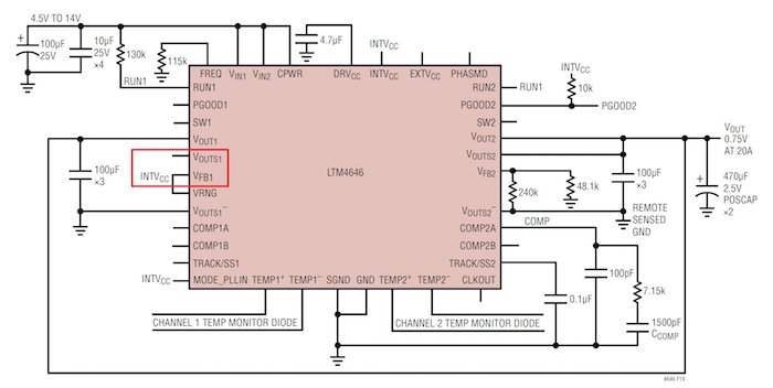 This circuit, from the datasheet, shows how the IC is configured for a single 20 A voltage channel.