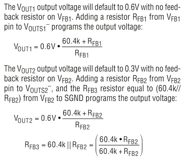 Determining the resistor values for setting VOUT1 and VOUT2 can be determined with these equations.