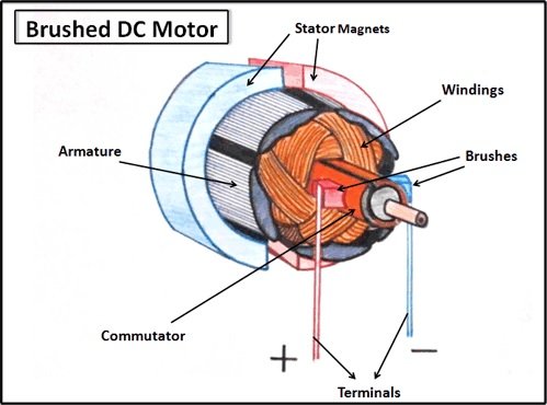 Brushed DC motors use brushes and a commutator