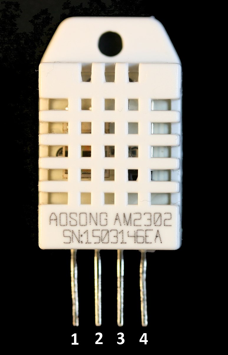 The DHT22 or AM2302 Humidity and Temperature Sensor. Pins: 1-Vdd, 2-Data, 3 n/c, 4-GND.